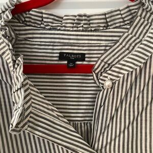 Talbots Charcoal Gray and White Striped Ruffle Blouse